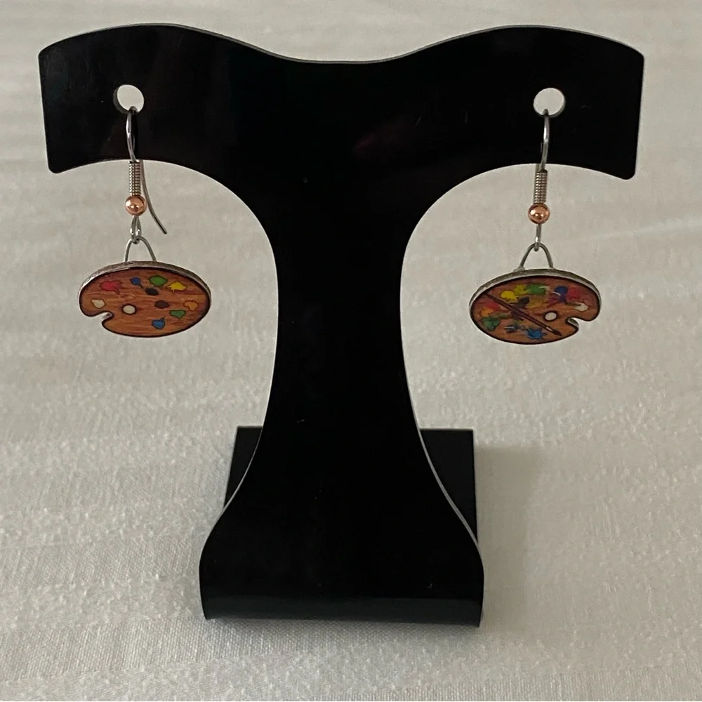 Artist Palette Paint & Brush Drop Earrings  Hand Made Signed Jewelry Art EUC